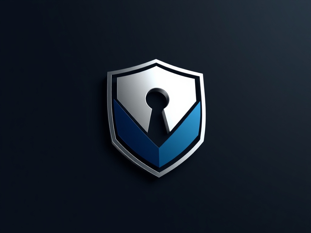 A sleek geometric logo combining a shield and a keyhole, silver and dark blue gradients, isolated on a dark background. 3D render style, for brand mark usage.