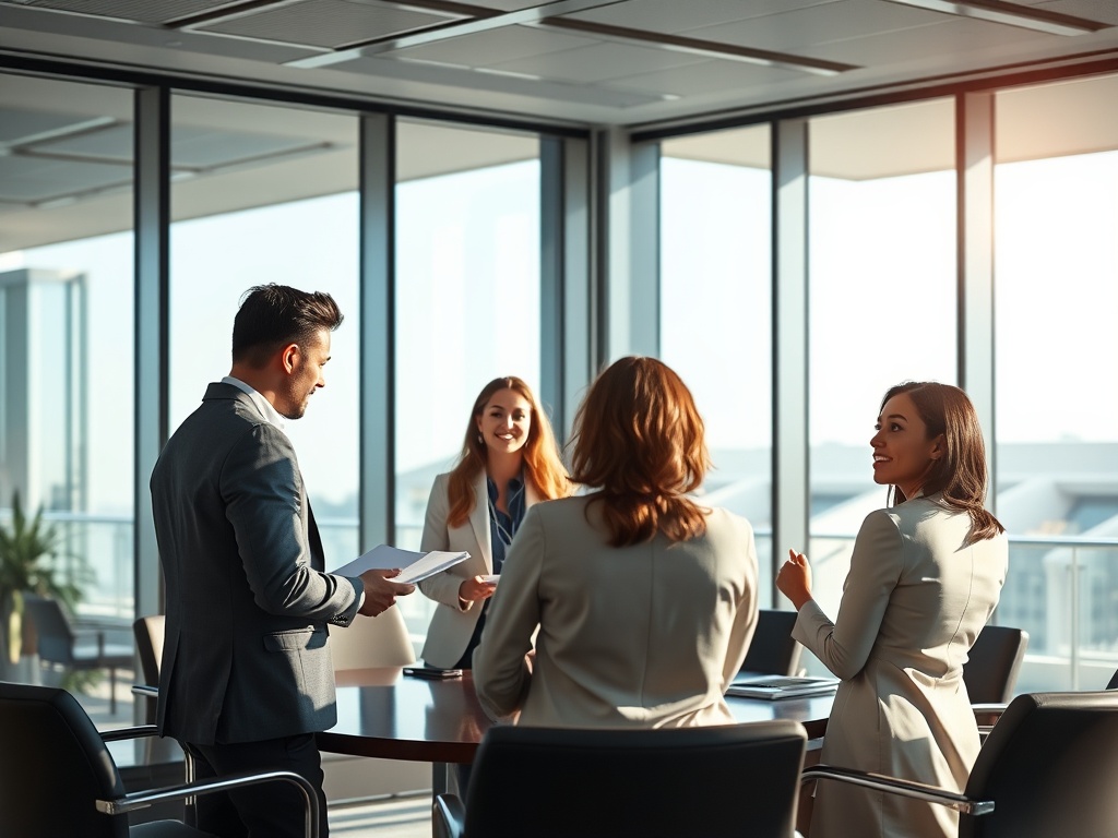 A diverse team of four professionals in a modern glass boardroom, engaged in a collaborative discussion. Sunlight streaming through floor-to-ceiling windows, casting geometric shadows. Photorealistic, 8k, commercial photography style.