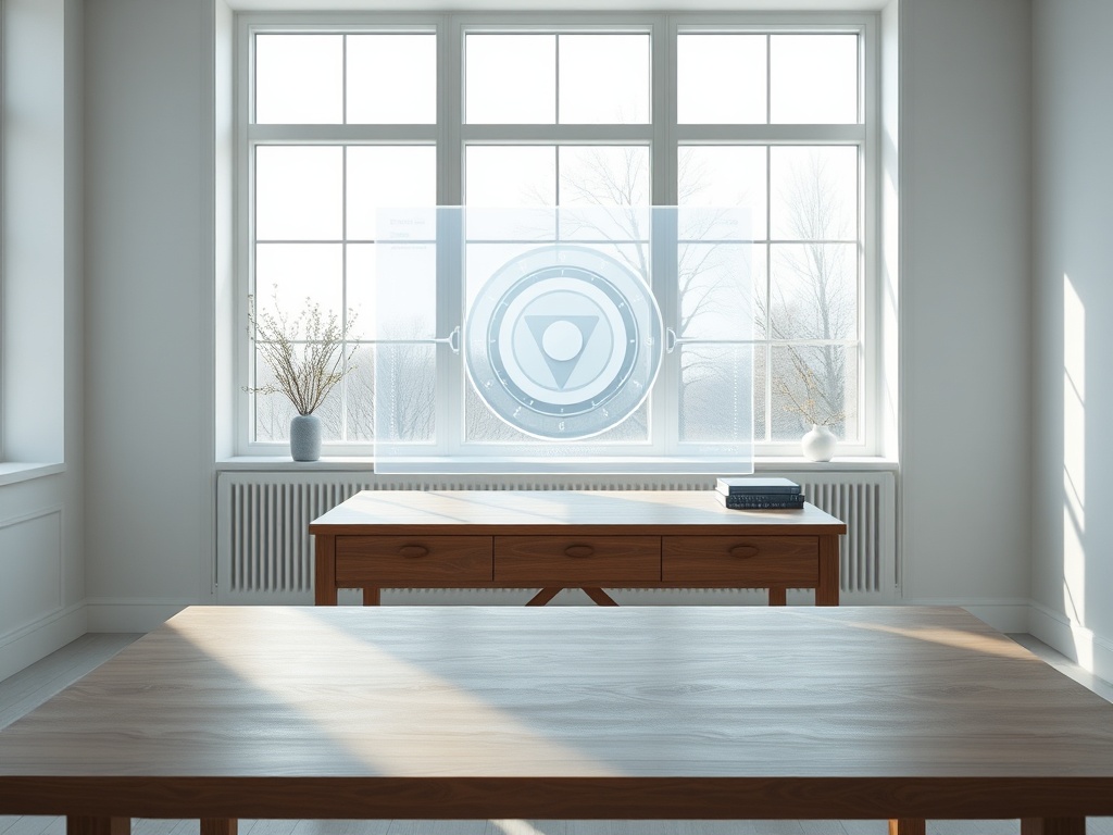 A minimalist scandinavian workspace with natural light pouring through large windows. A sleek digital vault interface displayed on a transparent holographic screen, floating above a polished oak desk. Soft shadows and clean lines. Photorealistic, 8k, commercial photography style.